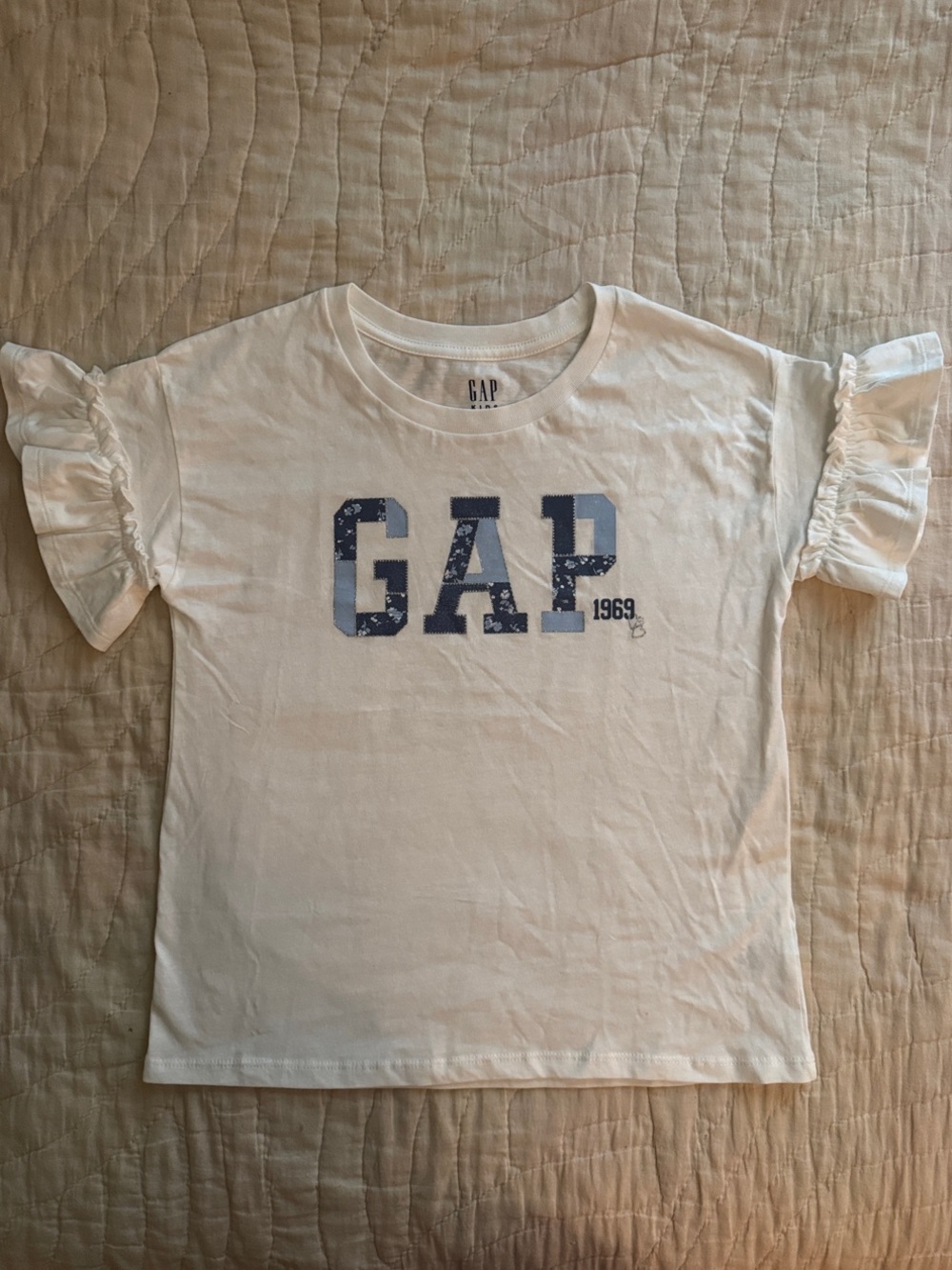 New GAP Girls White Tee with Blue Logo and Ruffle Sleeves